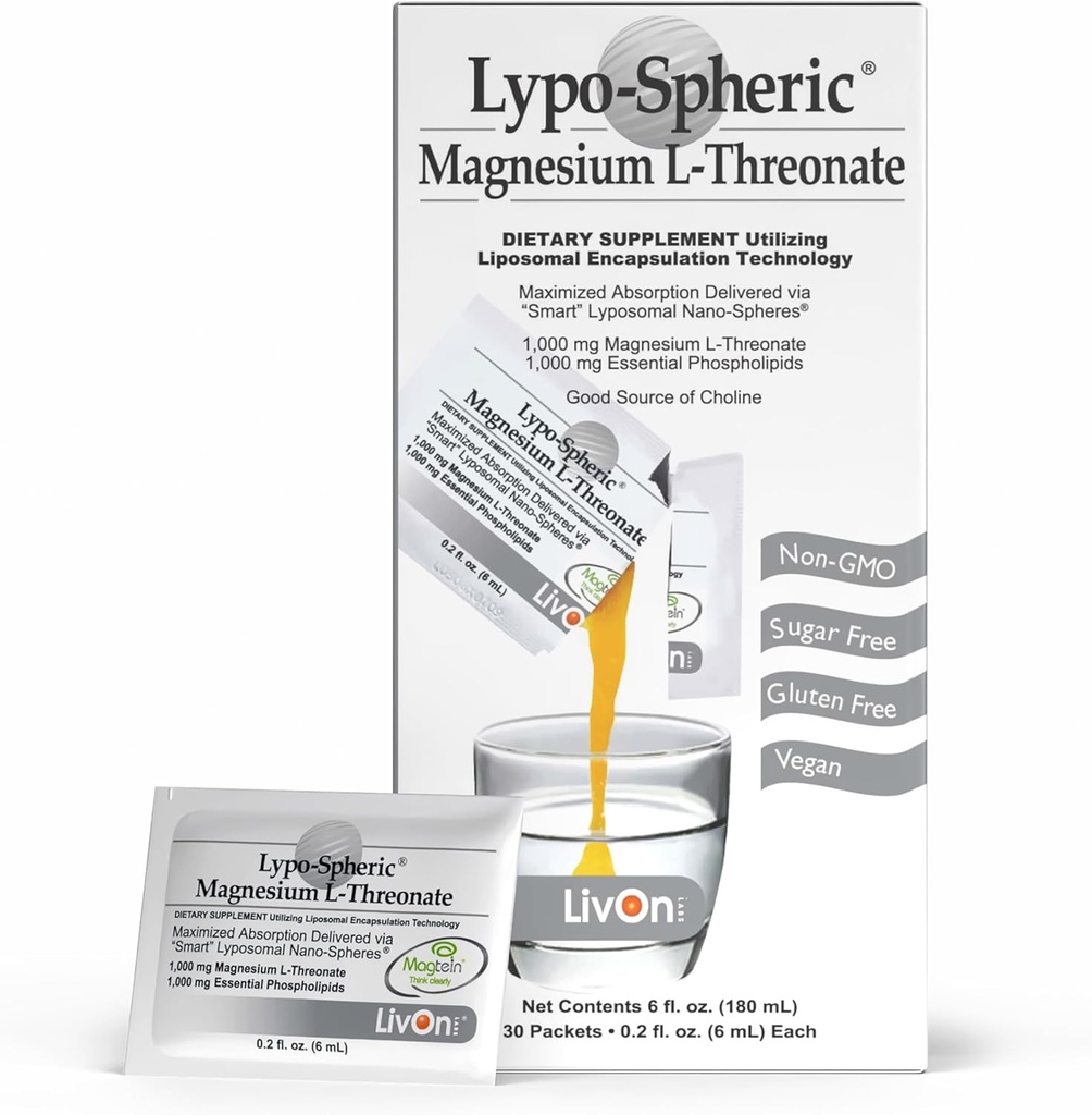 LivOn Laboratories Lypo- Spheric Magnesium L- Threonate - 30 Pakninger - 77mg Per Packet - Liposome indkapslet for maksimal biotilgængelighed - Professionelt formeret - 100% Non- GMO