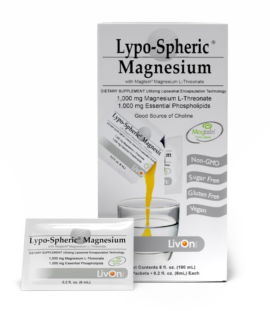 LivOn Laboratories Lypo- Spheric Magnesium L- Threonate - 30 Pakninger - 77mg Per Packet - Liposome indkapslet for maksimal biotilgængelighed - Professionelt formeret - 100% Non- GMO