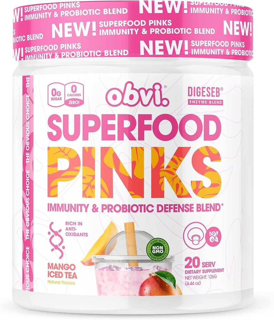 Obvi Superfood Pinks Probiotisk Blend Budding 124; Rig i antioxidanter, Adaptogens, fordøjelsesfremmende Enzyme Blend, Immunitet Support, Gut Health Budding 124; Keto, Gluten- Free, No Sugar, 10 Millioner CFU Buddy 124; Mango Iced Tea, 20 Servere