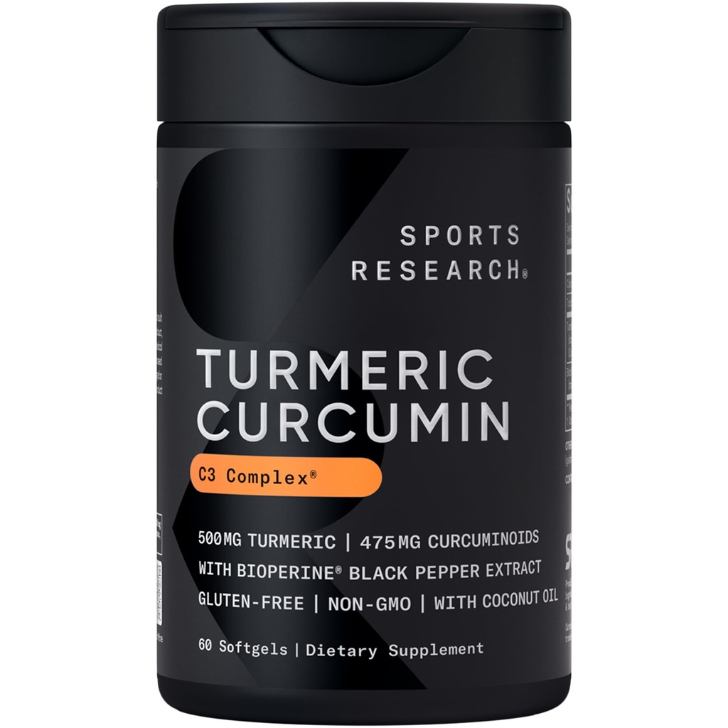 Sports Research Gurkemeje C3 Complex 500 mg, Forbedret & Black Pepper og Organic Coconut Oil for Better Absorption; Non-GMO og Gluten Free - Standardiseret 95% Curcuminoids (60 Count Softgels)