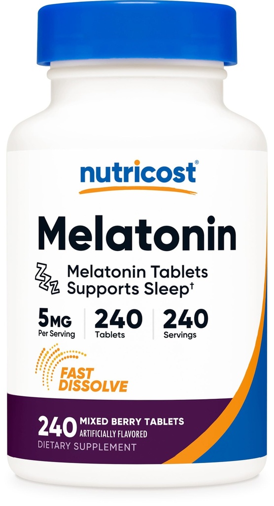 Nutricost Melatonin 5mg, 240 Fast Opløs tabletter (blandet berry flavor) - Non- GMO, Gluten Free