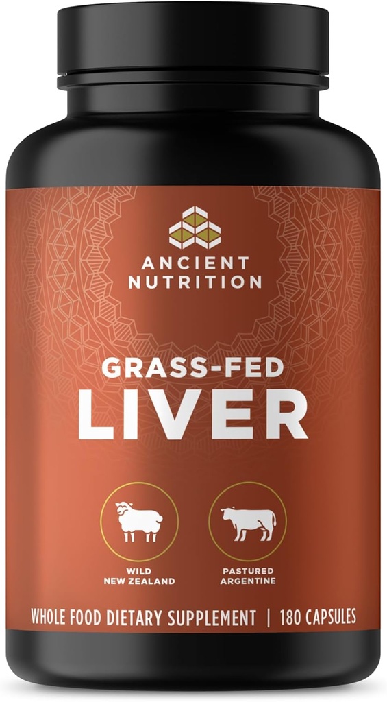Ancient Nutrition Organe Kosttilskud, Grass- Fed og Wild Organe Complex Kapsler, Beef & Lamb Lever, Understøtter sundt blod, Gut, og lever, 180 Ct