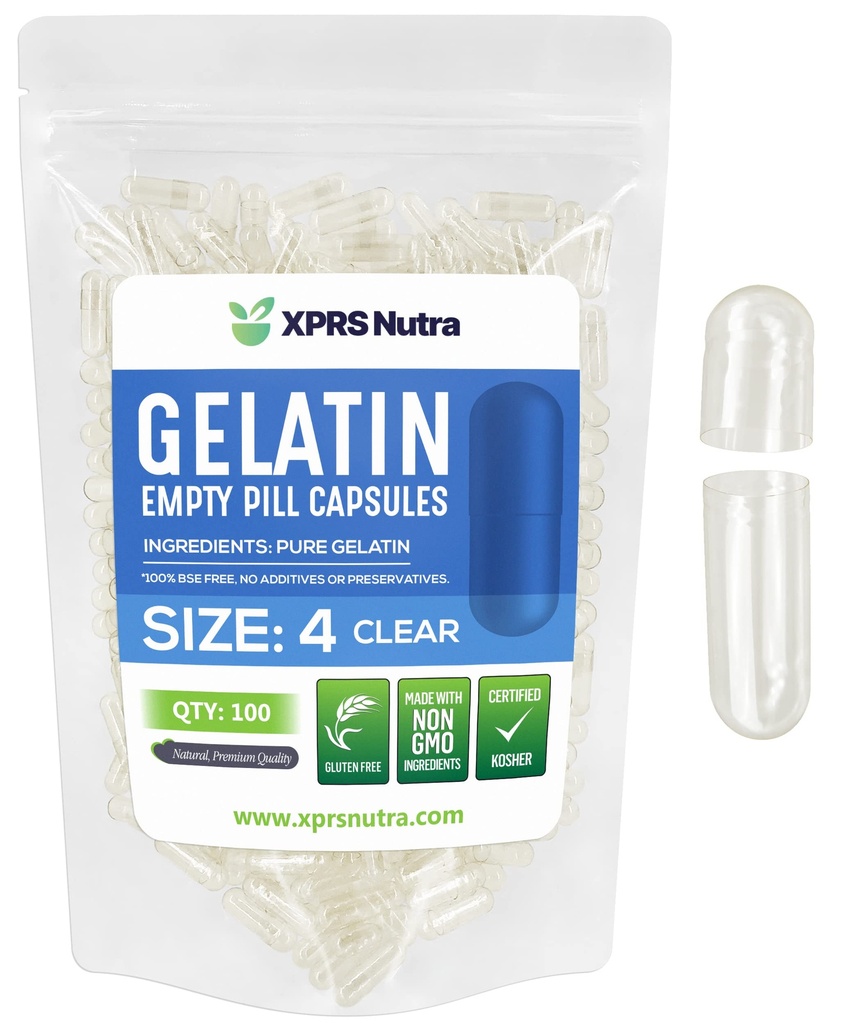 XPRS Nutra Størrelse 4 Tomme kapsler - 100 Greve lille klar tom gelatine kapsler - Piller gør det selv Capsule Fyldning - Fyldelig Pure Bovin Pill Gel Caps til Do- It- Yourself Kosttilskud