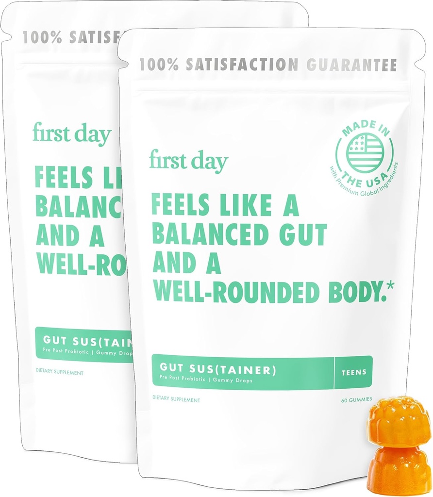Første dag Teens 'Gut Sustainer Tribiotiske Gummies - 3-in-1 Prebiotic, Probiotic & Postbiotic Supplement - Understøtter fordøjelse, hud, Oral & immunforsvar, Nutrient Absorption & vækst - 60-dages forsyning