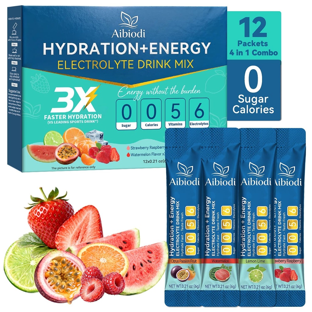 Electrolytes Powder Packets - Sugar Free & Zero Calorie Liquid Daily IV Drink Mix - Instant Hydration & Energy Supplement with 6 Electrolytes and 5 Vitamins, Keto Friendly & Vegan - 12 Sticks