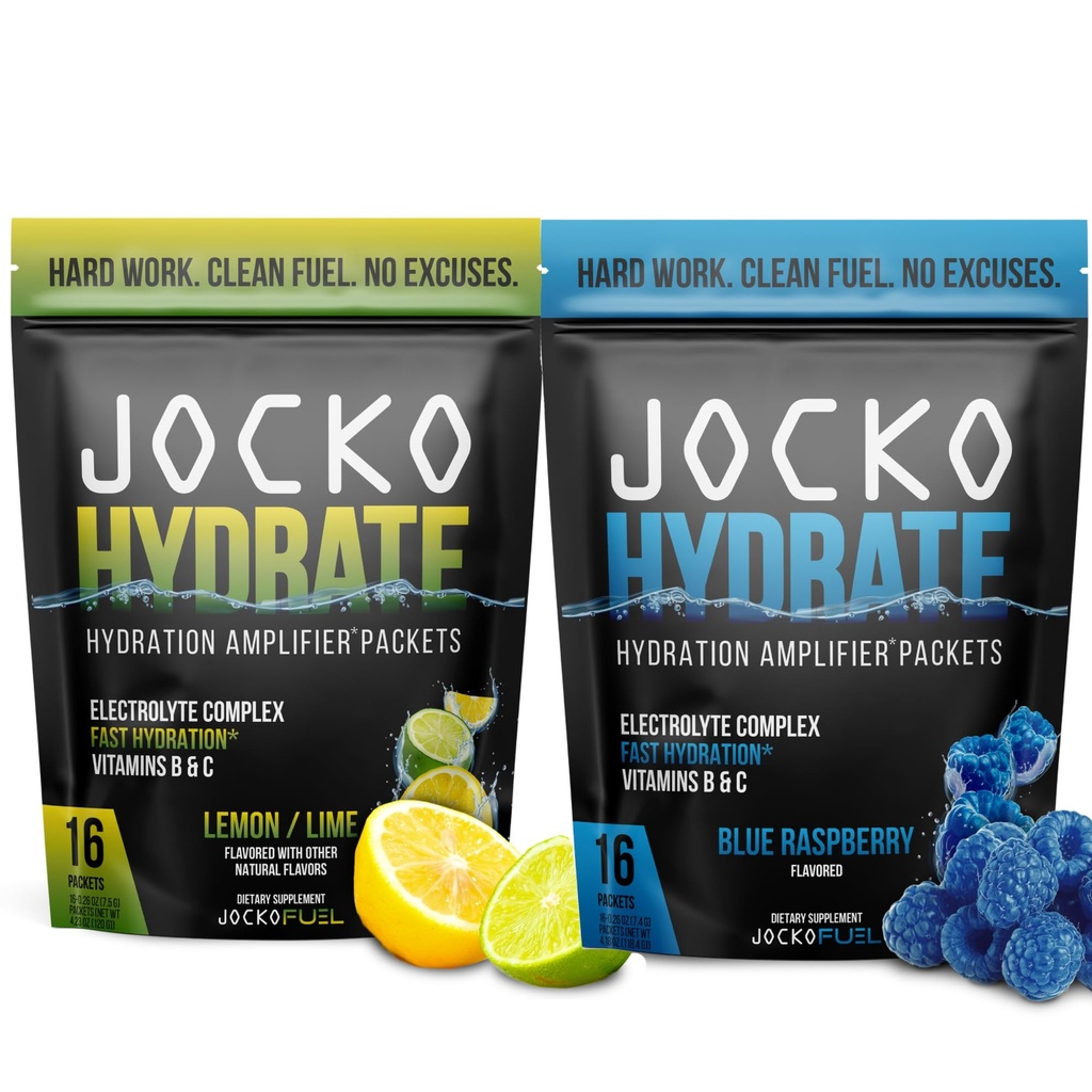 Jocko Fuel Hydrate Electrolytes Powder - Low Sugar Hydration Amplifier for Recovery, Dehydration & Exercise - Vitamins B6, B12 & C (32 Packets, 2 Pack Bundle)
