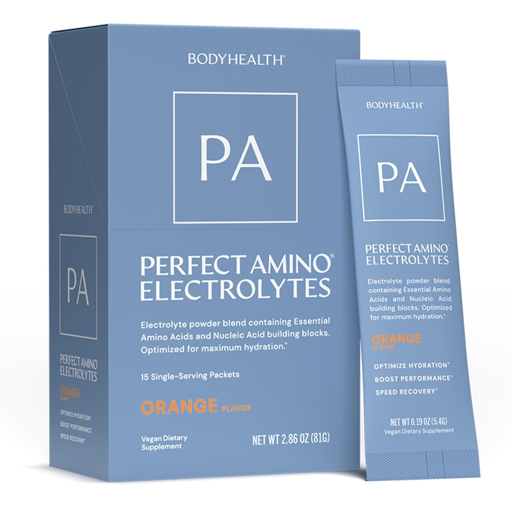 BodyHealth PerfectAmino Electrolyte Drink Mix – Orange – No Sugar, Keto & Fasting Friendly, Hydration with Trace Minerals – Stick Packs