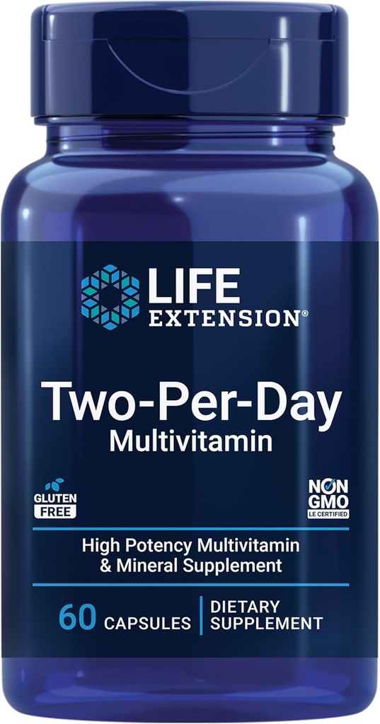 Life Extension Two-Per- Day Multivitamin - for hjerte, hjerne, blodkar og cellulær sundhed - Essential Vitamin & Minerals for Well- Being - To per dag - Gluten- Free - Non-GMO - 60 kapsler