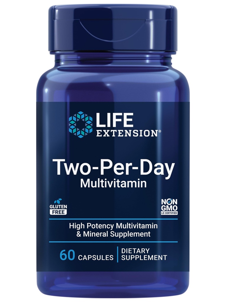 Life Extension Two-Per- Day Multivitamin - for hjerte, hjerne, blodkar og cellulær sundhed - Essential Vitamin & Minerals for Well- Being - To per dag - Gluten- Free - Non-GMO - 60 kapsler