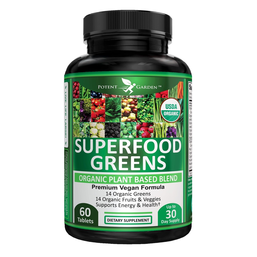 Potent Have Økologisk Superfood Grønne, Frugt og Grønsager Supplement Rig i vitaminer og antioxidanter med Alfalfa, Beet Root & Tart Cherry til Boost Energy, Immunitet & Gut Sundhed, Grønne tabletter 60 Ct