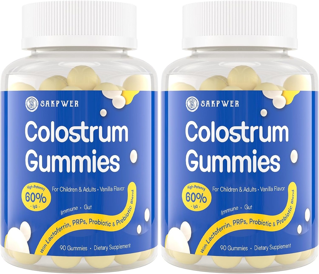 Bovine Colostrum Supplement Gummies - med 60% Højeste IgG, Lactoferrin, Probiotika og Prebiotika til voksne og børn, Vanilla Flavor & Sukker Free, 2 Pack