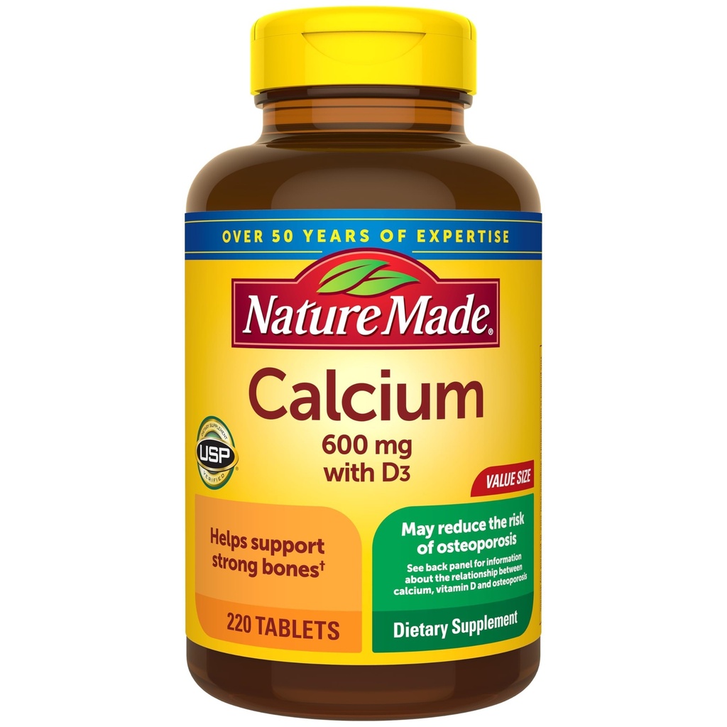 Nature Made Calcium 600 mg med D3- vitamin, Kosttilskud til benstøtte, 220 tabletter