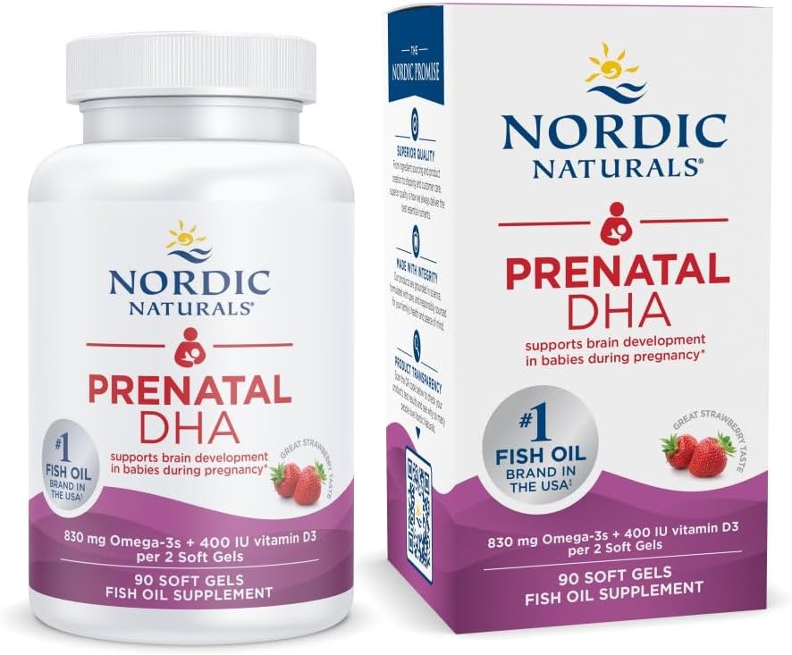 Nordic Naturals Prenatal DHA, Strawberry - 90 Soft Gels - 830 mg Omega-3 + 400 IE D3-vitamin - non-GMO - 45 Servering