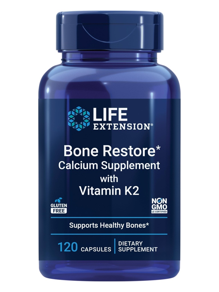 Life Extension Bone Restore with Vitamin K2 – Bone Health Supplement for Strong Bones – 3 Types of Absorbable Calcium, Vitamins D3 and K2, Minerals – Gluten-Free, Non-GMO – 120 Capsules