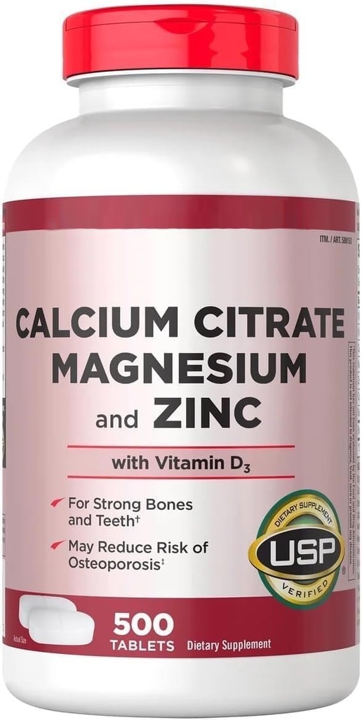 Calcium Citrate 500mg with Magnesium, Zinc and Vitamin D3 - Bone Strength & Immune Support Supplement - Supports Healthy Teeth & Muscle Contraction - USP Verified - 500 Tablets