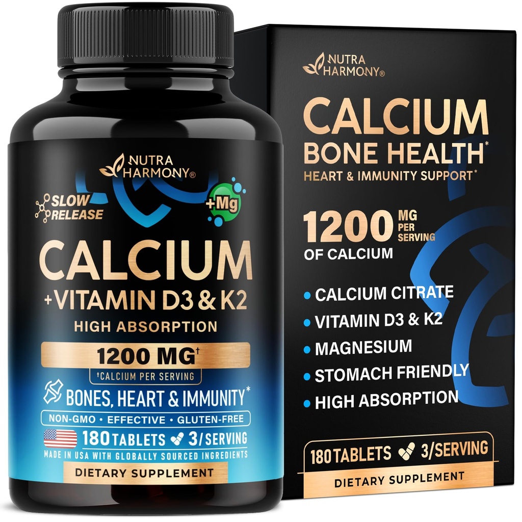 Calcium 1200 mg with Vitamin D3 - Calcium Citrate Supplements for Women & Men - Bone Health, Strength & Density - High Absorption & Slow Release - Lab Tested, Made in USA - 180 Tablets, 60 Days Supply