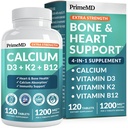 4-in-1 Calcium 1200 mg with Vitamin D3 K2 - Extra Strength Calcium Supplements for Women & Men with D3 K2 Vitamin 5000 IU - Everyday Vitality Supplement - Vegan-Friendly, Gluten-Free, Non-GMO (120ct)