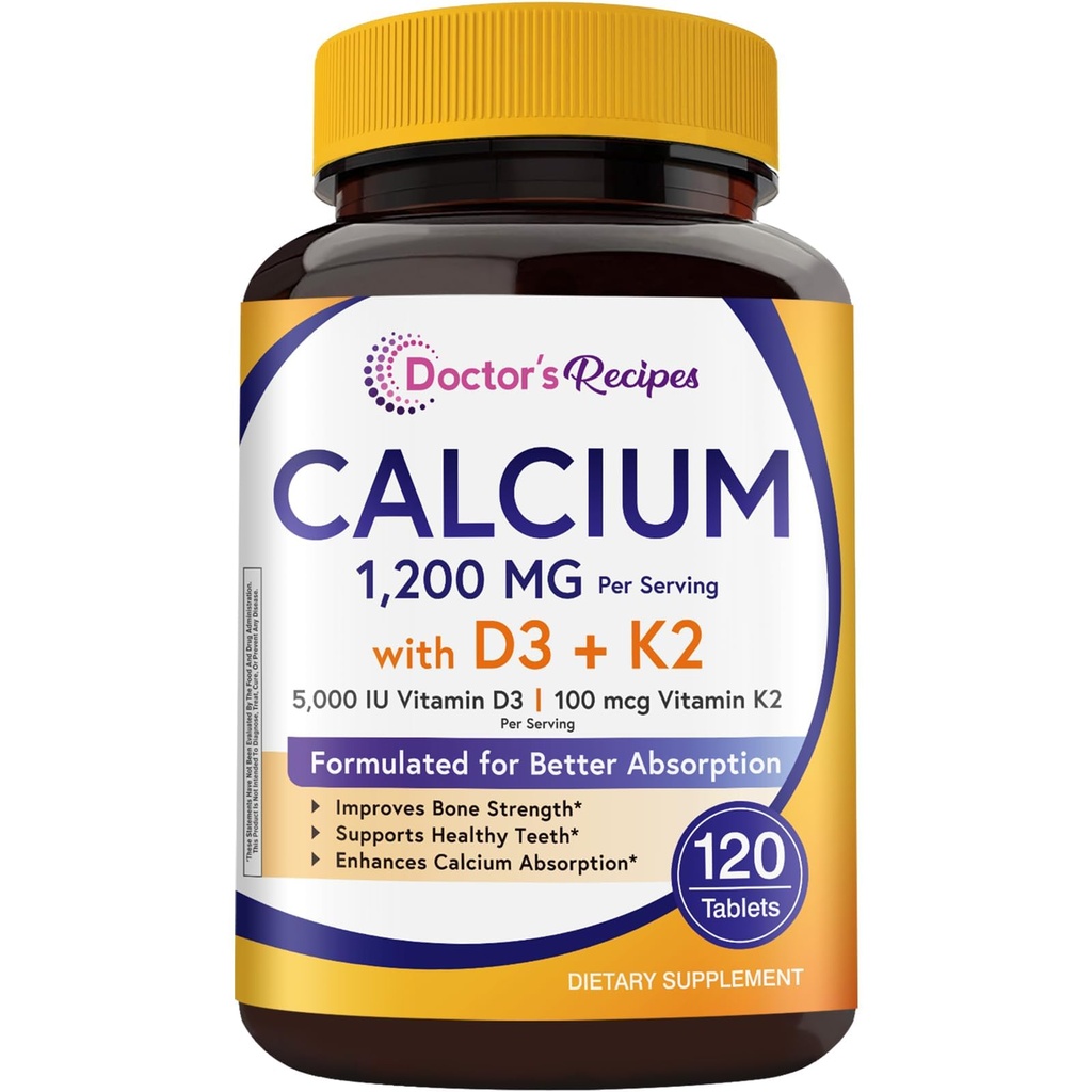 Doctor's Recipes Calcium 1200mg with Vitamin D3 & K2 as MK7, Max Absorption Calcium Supplements for Bone, Teeth & Immune Support, 120 Tablets