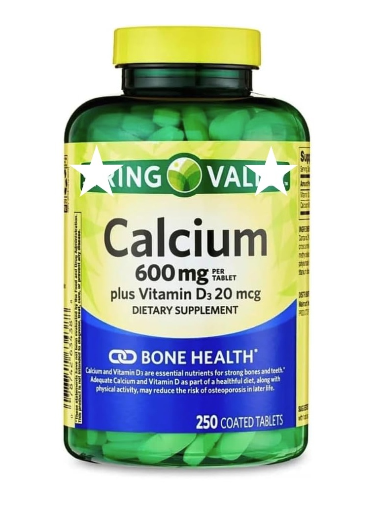 Calcium Plus Vitamin D Tablets Dietary Supplement, by Spring - Valley Bone Health, VIT D3 20 mcg, 600 mg, 250 Count.