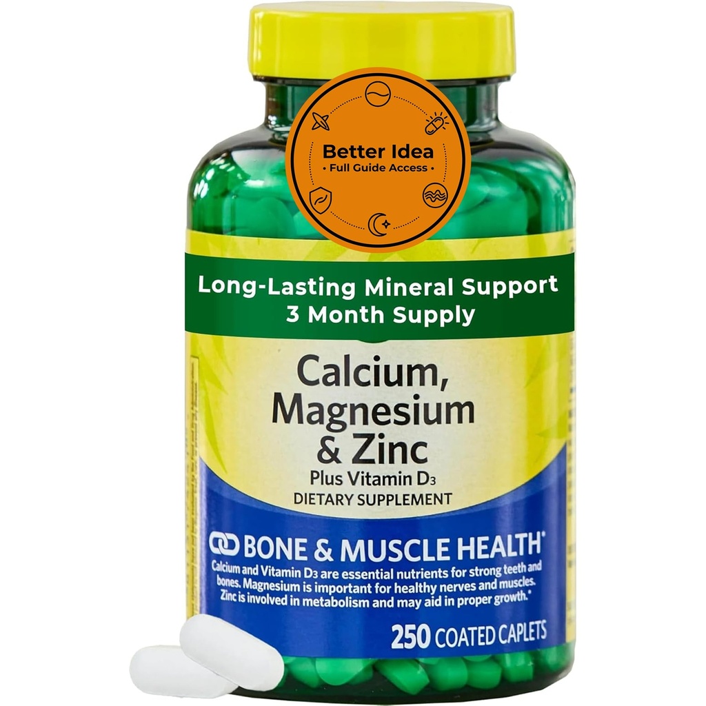 Calcium, Magnesium & Zinc Plus Vitamin D3 – 250 Coated Caplets (Nearly 3-Month Supply) – Bone, Muscle & Immune Support – 1000 mg Calcium, 400 mg Magnesium, 15 mg Zinc, 600 IU D3 – Gluten Free