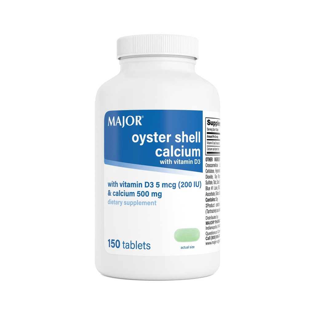 MAJOR Oyster Shell Calcium 500mg Tablets with Vitamin D3 200IU (5 mcg) - Gluten-Free Daily Vitamin D Dietary Supplement for Bone Health and Calcium Absorption, 150 Count