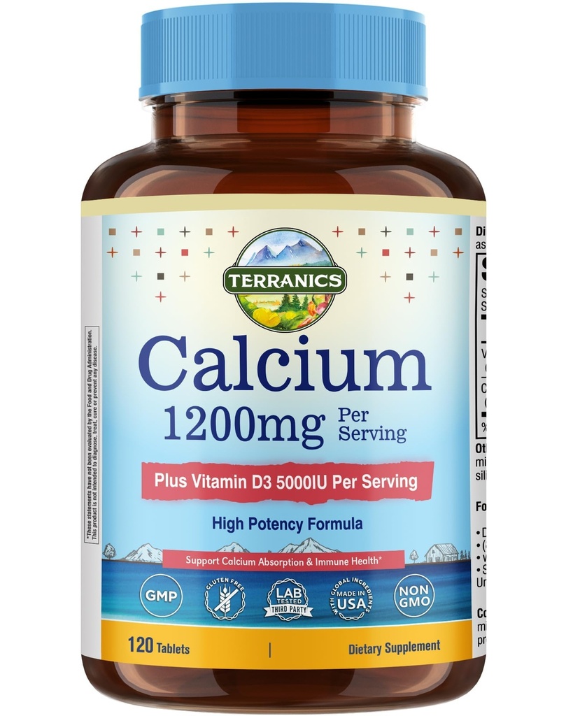 Terranics Calcium 1200 mg with Vitamin D3, High Absorption Calcium Supplement for Women and Men, Supports Bone, Teeth & Immune Health, Easy-to-Swallow Coated Tablets, 120 Count