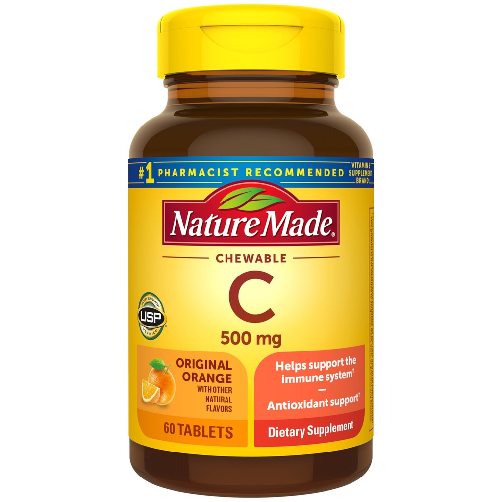 Nature Made Chewable Vitamin C 500 mg, Dietary Vitamin C Supplement for Immune Support, 60 Tablets, 60 Day Supply