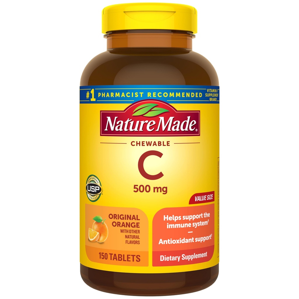 Nature Made Chewable Vitamin C 500 mg, Dietary Vitamin C Supplement for Immune Support, 150 Tablets, 150 Day Supply
