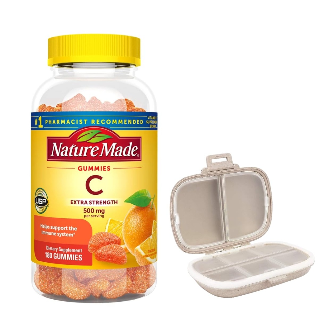 Nature Made Extra Strength Vitamin C 500 mg, 180 Gummies Bundle with a Pill Oragnizer (2 Items)