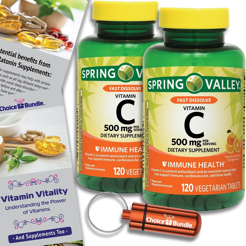 Spring Valley Vitamin C Immune Health Fast Dissolve Chewable Tablets 500 mg 120 Ct 2 Pk (240 Total) + Vitamin Vitality & Pill Container (4 Items)!