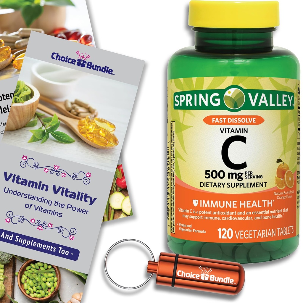 Spring Valley Vitamin C Immune Health Fast Dissolve Chewable Tablets 500 mg 120 Ct Plus Vitamin Vitality & Pill Container (3 Items)!