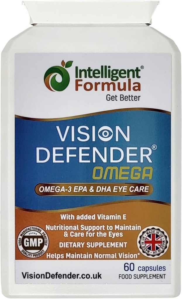 VISION DEFENDER OMEGA Eye Supplement: Care and Relief for dry eyes, Forbedre Eye Health- High Strength 1000mg Pure Omega-3 Fish Oil (400mg EPA, 200mg DHA per kapsel) + Vitamin E (60 Softgel) Fremstillet i Storbritannien