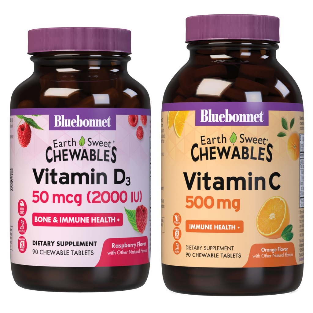BlueBonnet Nutrition Vitamin D3 2000 IU Chewables and Vitamin C 500 mg Chewables Bundle