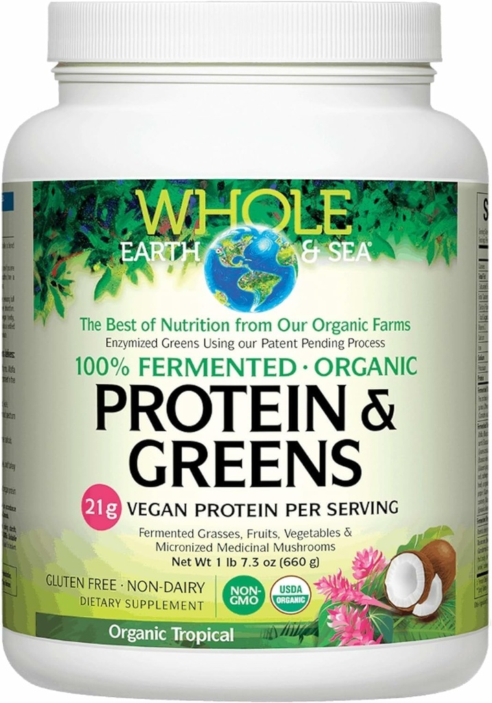 Hele Jorden & Hav fra naturlige faktorer, Økologisk gæret protein & Grønne, Vegansk hel kosttilskud, Tropisk, 1lb 7.3 Oz
