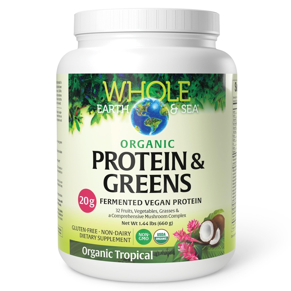 Hele Jorden & Hav fra naturlige faktorer, Økologisk gæret protein & Grønne, Vegansk hel kosttilskud, Tropisk, 1lb 7.3 Oz