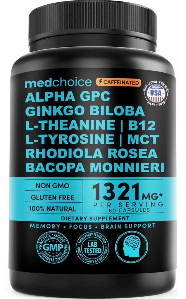12- in-1 Nootrop Brain Supplement med koffein Vandfri: Ginkgo Biloba for Brain Support, Memory and Focus - B12, Alpha GPC, L Theanin og Cholin Kosttilskud med Bioperine med 1321mg (60ct)