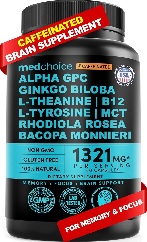 12- in-1 Nootrop Brain Supplement med koffein Vandfri: Ginkgo Biloba for Brain Support, Memory and Focus - B12, Alpha GPC, L Theanin og Cholin Kosttilskud med Bioperine med 1321mg (60ct)