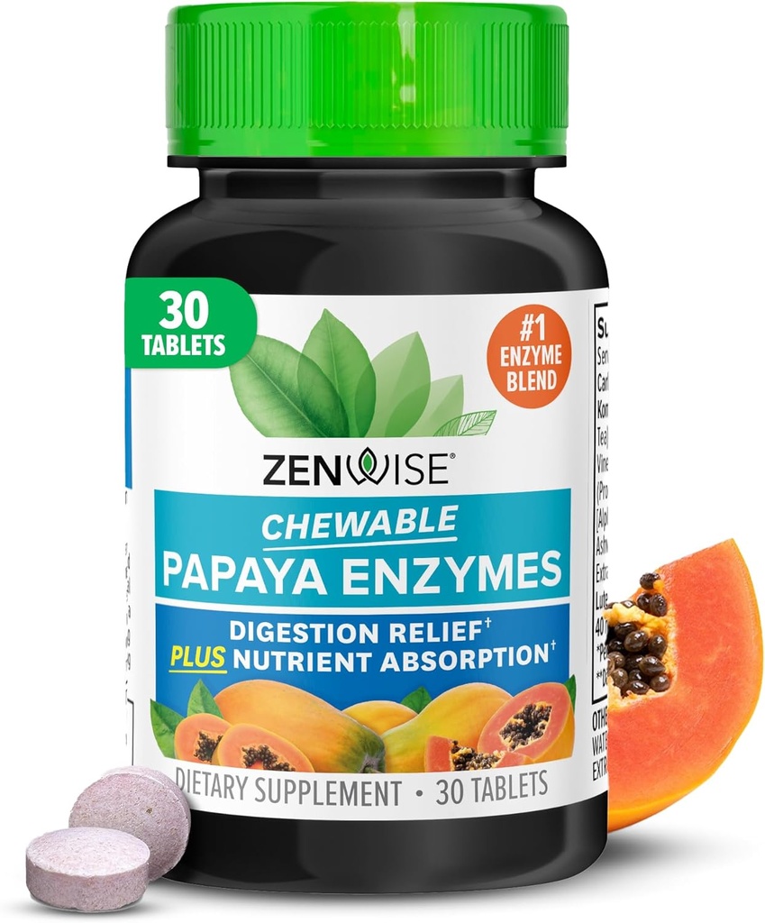 Zenwise Health Chewable Papaya Enzymer til fordøjelse & Gut Support - Chewable fordøjelsesmiddel Enzyme Blend med papain og bromelain til fordøjelse Sundhed & Bloating Relief - Kvinder & Mænd - 30 tabletter
