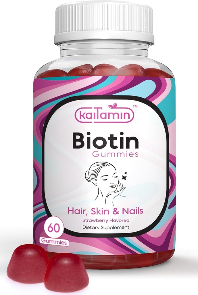 Biotin vitamin B7 Gummies til hår hud & negle - 5000 mcg per servering - med Elderberry og kokosolie, 60 Strawberry Flavored Gummies - All Natural, Gluten- Free & Vegetarian (pakke med 1)
