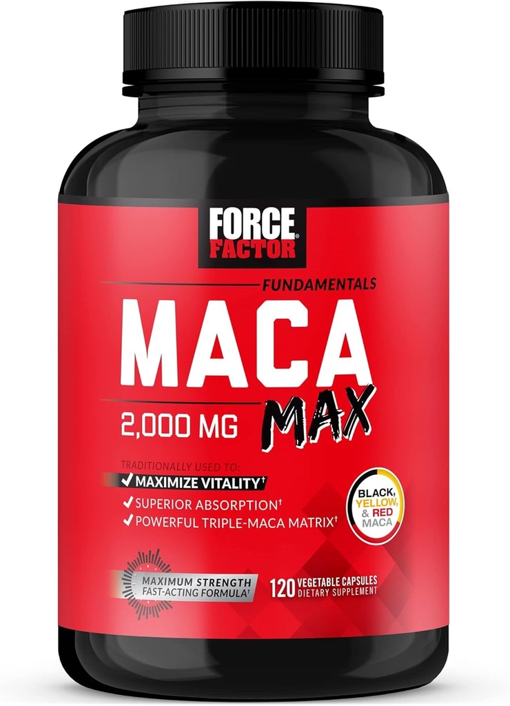 Kraftfaktor Maca Max, Maca Root Kapsler at Maksimere Vitality & Performance, Lavet med Black Maca, Red Maca, & Gul Maca Powder, Maca Root Powder, 2000mg, 120 Kapsler