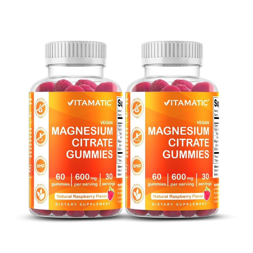 Vitamatisk Magnesium Citrate Gummies 600mg per servering - 60 Greve - fremmer sund afslapning, muskel, ben, & energistøtte (pakke med 2)