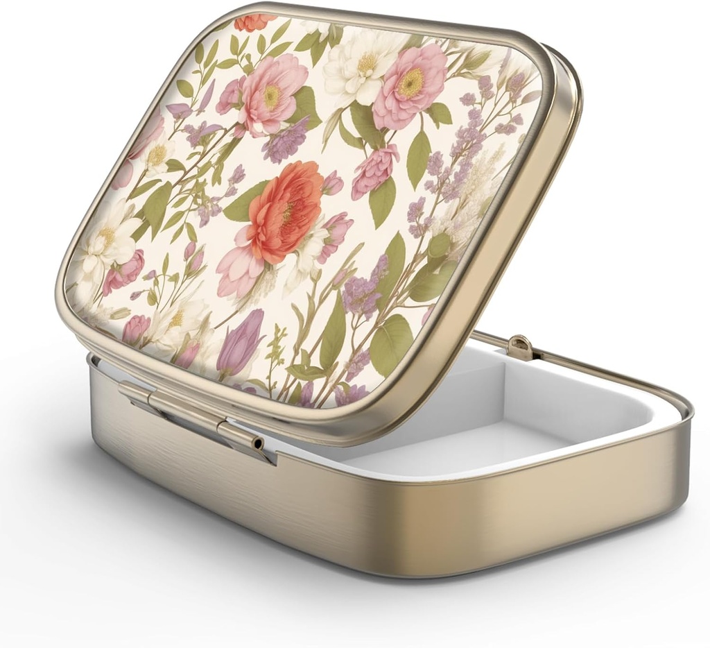 Pill Case Pill Box med spejl Retro 2 Segment Lille Pill Case til purse eller Pocket Bronze Rektangulær Pill Box eller Vitaminer, Fiskeolie, Kosttilskud, Pill Containe Rejse Gaver Retro Red Blomster