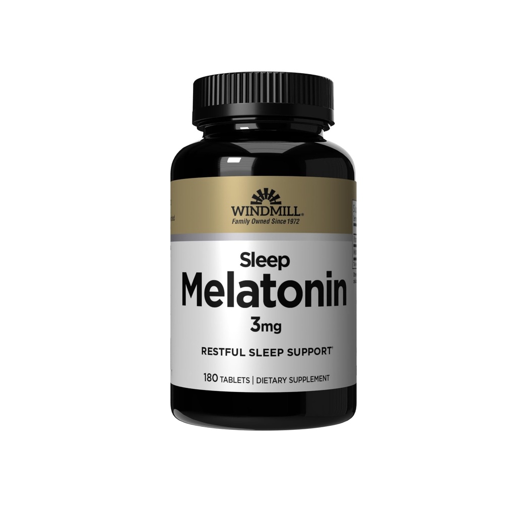 Windmill Natural Vitamins Melatonin 3mg, Melatonin Supplements for Restful Sleep, Sleep Support for Adults, Non-GMO and Gluten Free, 180 Tablets