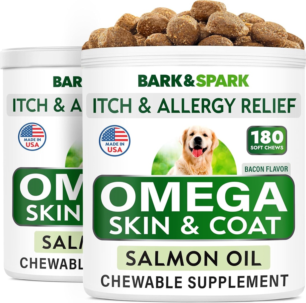 BARK & SPARK Omega 3 for hunde - 360 Fish Oil Treats for Hund Shedding, Hud Allergi, Itch Relief, Hot Spots Treatment - Fælles sundhed - Hud og Coat Supplement - EPA & DHA Fedtsyrer - Salmon Oil -Bacon