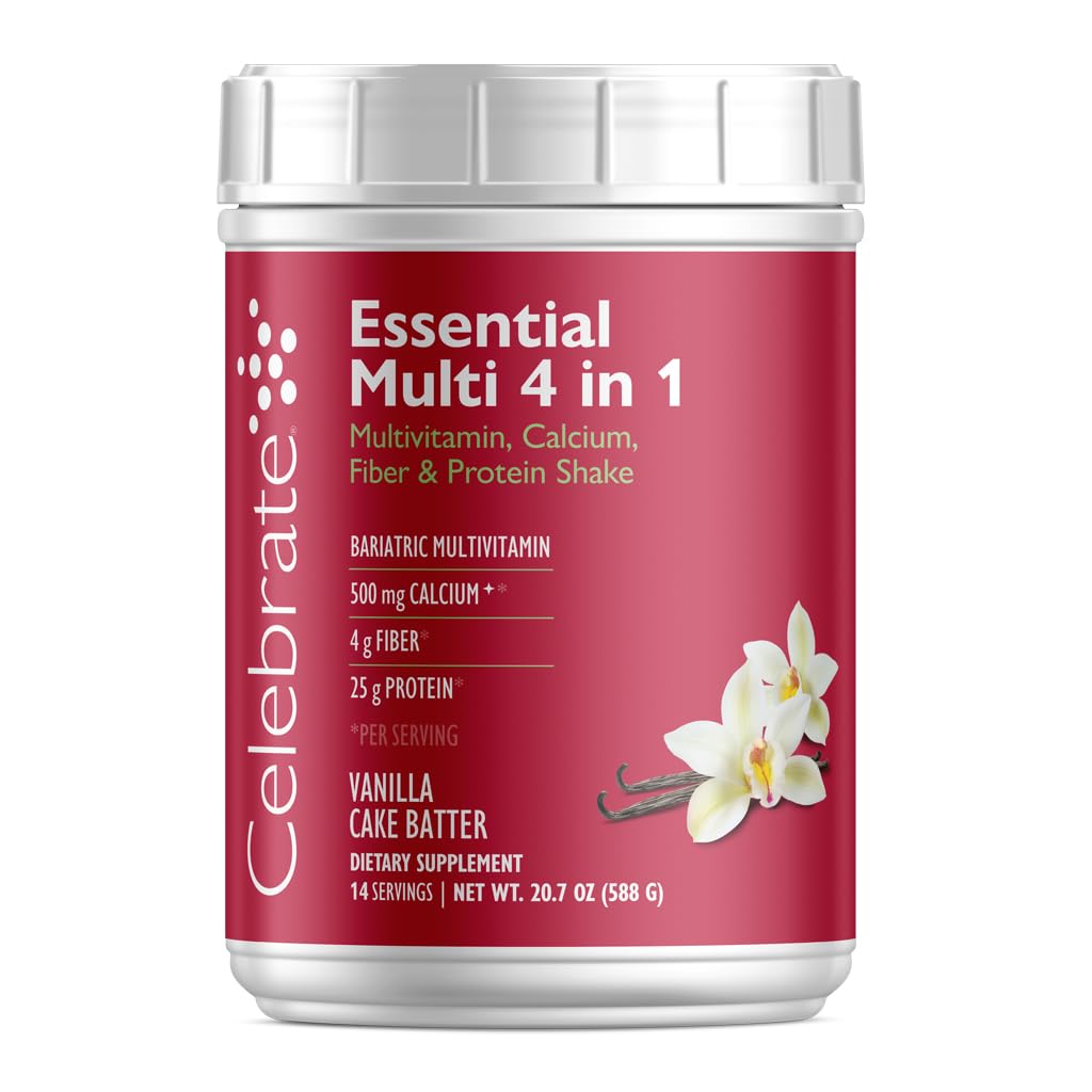 Celebrate Vitamins 4-in-1 Bariatric Multivitamin with Calcium Citrate Protein Shake, 500mg Calcium, for Post Bariatric Surgery, Vanilla Cake Batter, 14 Servings