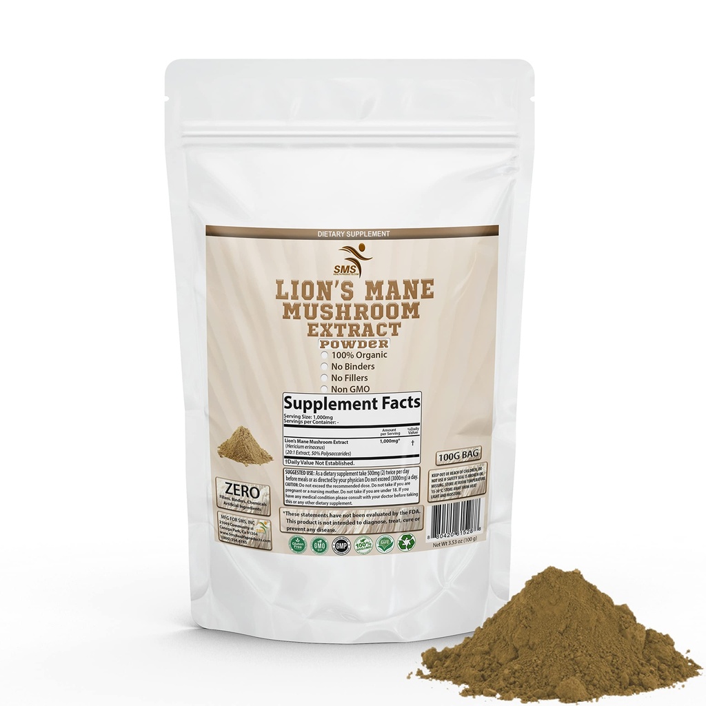 Lion's Mane Mushroom 50% Polysaccharides Cognition Lions Mane Mushroom Powder Extract 100G | Brain Supplement, Brain Vitamins, Focus Supplement