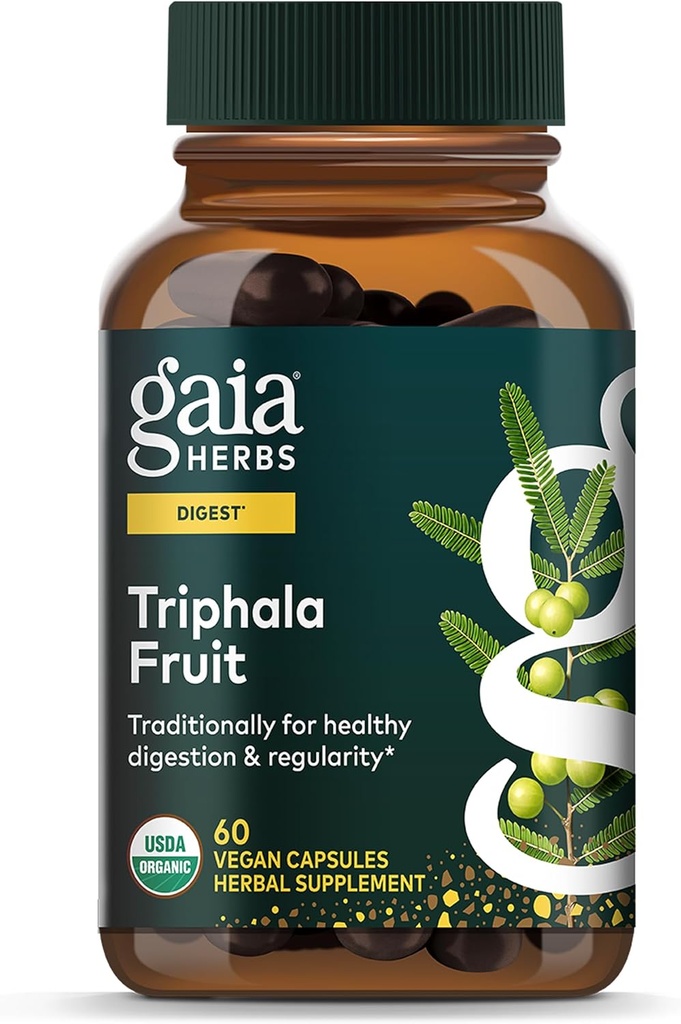 Gaia Herbs Triphala Frugt - Understøtter fordøjelsessygdomme - Renser forsigtigt dit system * - med Amla Frugt, Belleric Myrobalan, og Chebulic Myrobalan - 60 Veganske kapsler (30-dages forsyning)