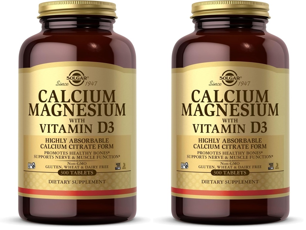 Solgar Calcium Magnesium with Vitamin D3, 300 Tablets - Promotes Healthy Bones, Supports Nerve & Muscle Function - Highly Absorbable Form - Non-GMO and Gluten Free - 60 Servings, (Pack of 2)