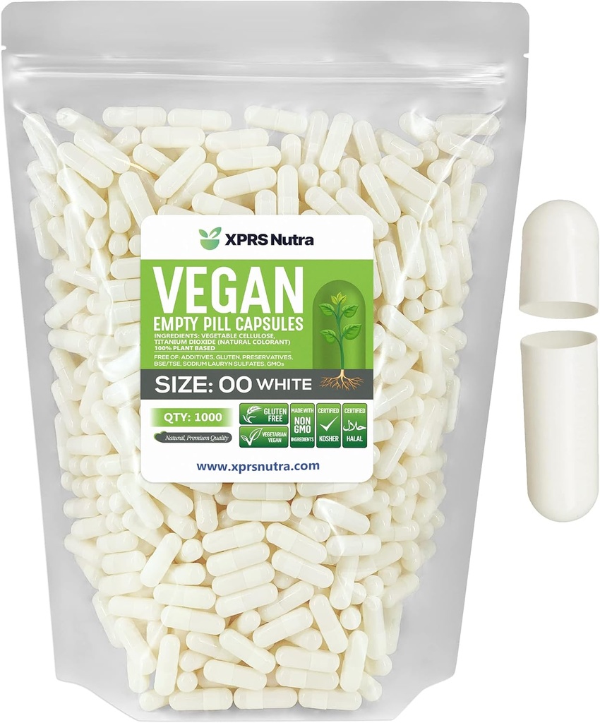 XPRS Nutra Size 00 Empty Capsules - 1000 Count Empty Vegan Capsules - Vegetarian Pills - DIY Vegetable Capsule Filling- Veggie Pill Caps for Do-It-Yourself Supplements (White)