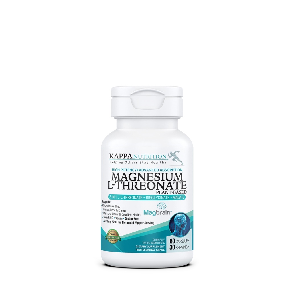 Kappa Nutrition Powered by Magbrain™ Magnesium L-Threonate Plant-Based, 60 Vegan Capsules, 420mg Elemental Magnesium (3 Capsules) from 2,253mg, Brain, Sleep & Muscle Support.